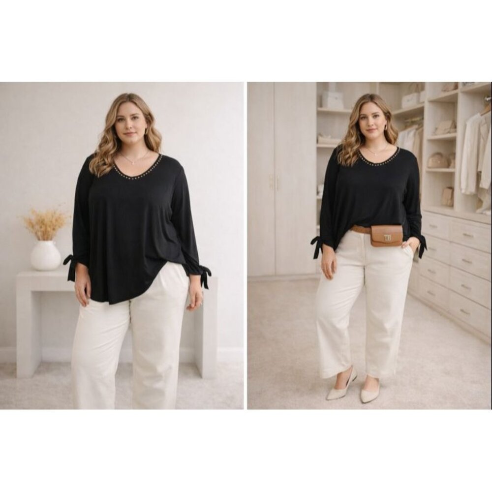 Karen Kane Plus Size Black Studded V-Neck Tie-Cuff Top 2X Minimalist QuietLuxury